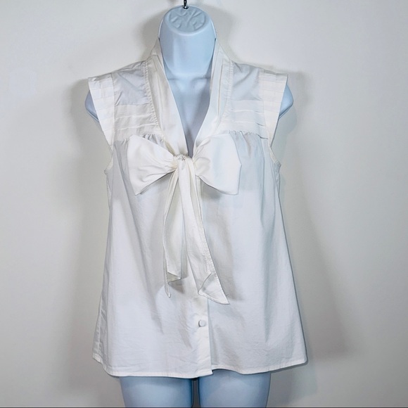 White Pleated Sleeveless Pussybow Button Down Top by Ann Taylor Loft Petites SP - Picture 3 of 8